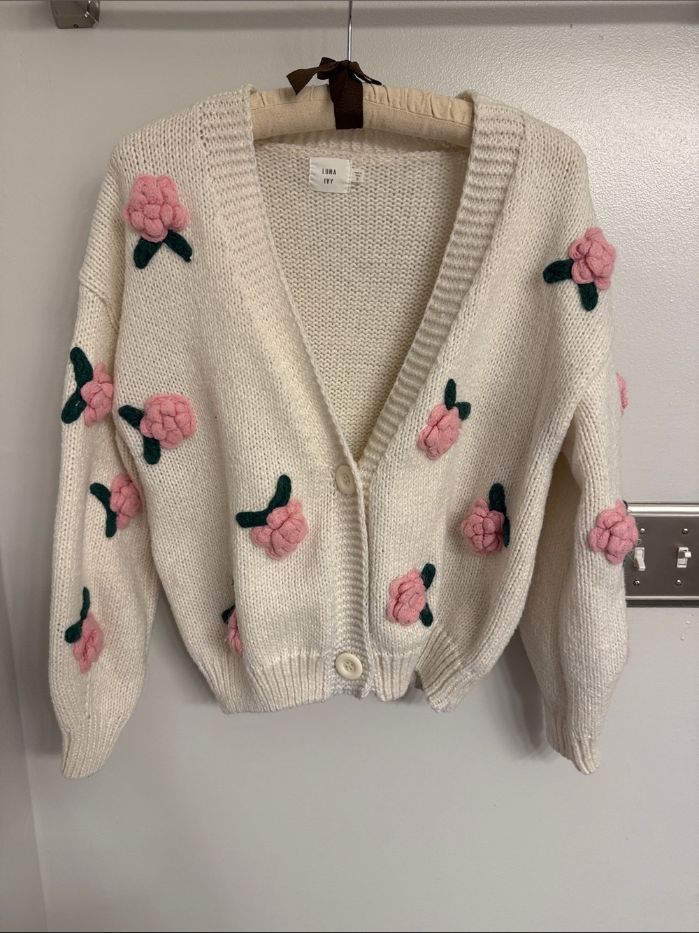 Ivory Floral Applique Button-Front Cardigan
